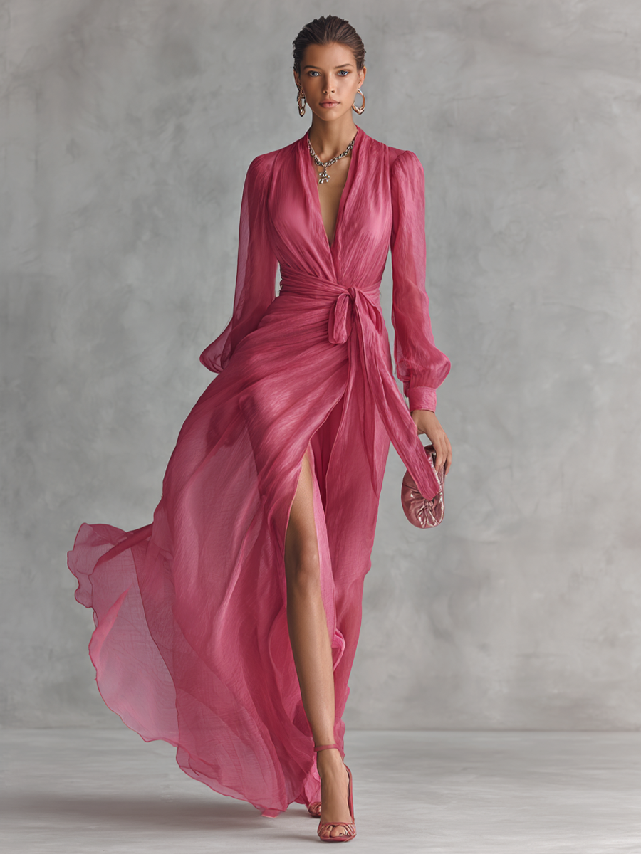 Rhea | Women's Chiffon V-Neck Tie Waist Maxi Dress