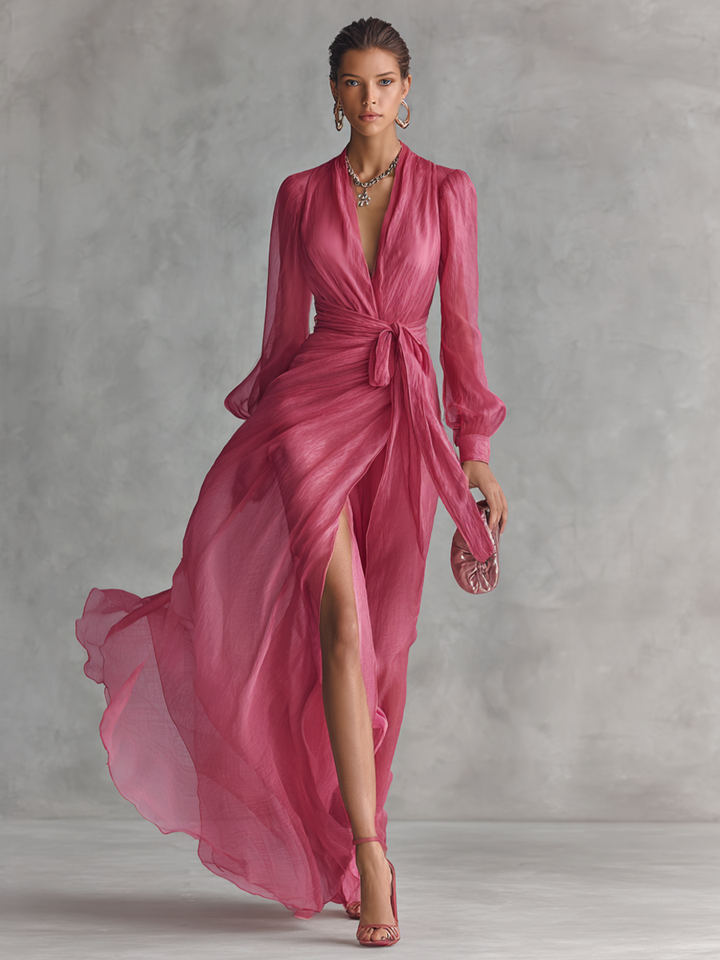 Rhea | Women's Chiffon V-Neck Tie Waist Maxi Dress