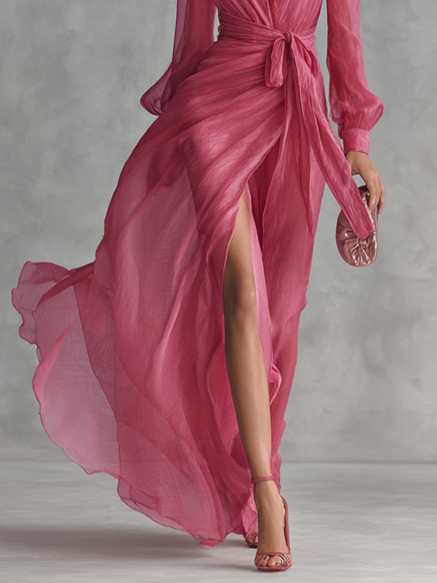 Rhea | Women's Chiffon V-Neck Tie Waist Maxi Dress