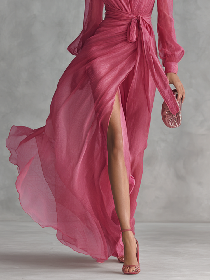 Rhea | Women's Chiffon V-Neck Tie Waist Maxi Dress