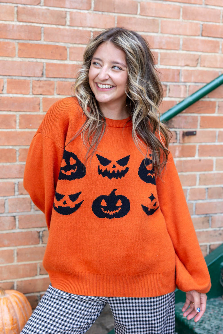 Pumpkin Lane Orange and Black Balloon Sleeve Pumpkin Halloween Sweater