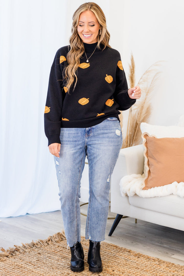 Women's Black Pumpkin Halloween Sweater - Cozy Fall Jacquard Pullover