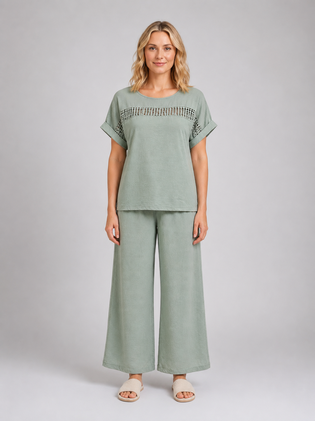 Women's Wide Leg Pant Co-Ord Set – Crochet Detail Top & Pants