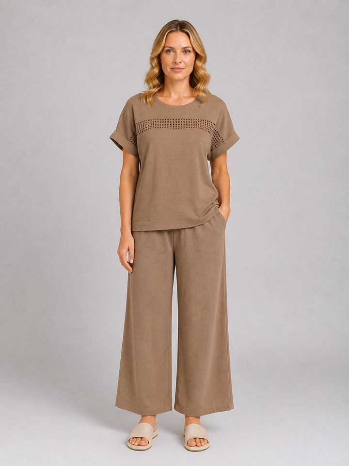 Women's Wide Leg Pant Co-Ord Set – Crochet Detail Top & Pants