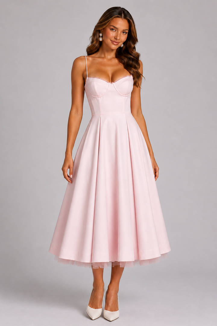 Tessa | Corset Spaghetti Strap Midi Wedding Guest Dress