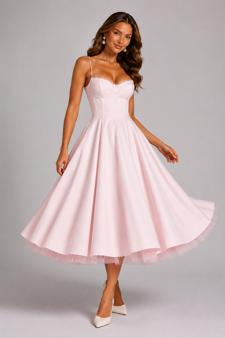 Tessa | Corset Spaghetti Strap Midi Wedding Guest Dress