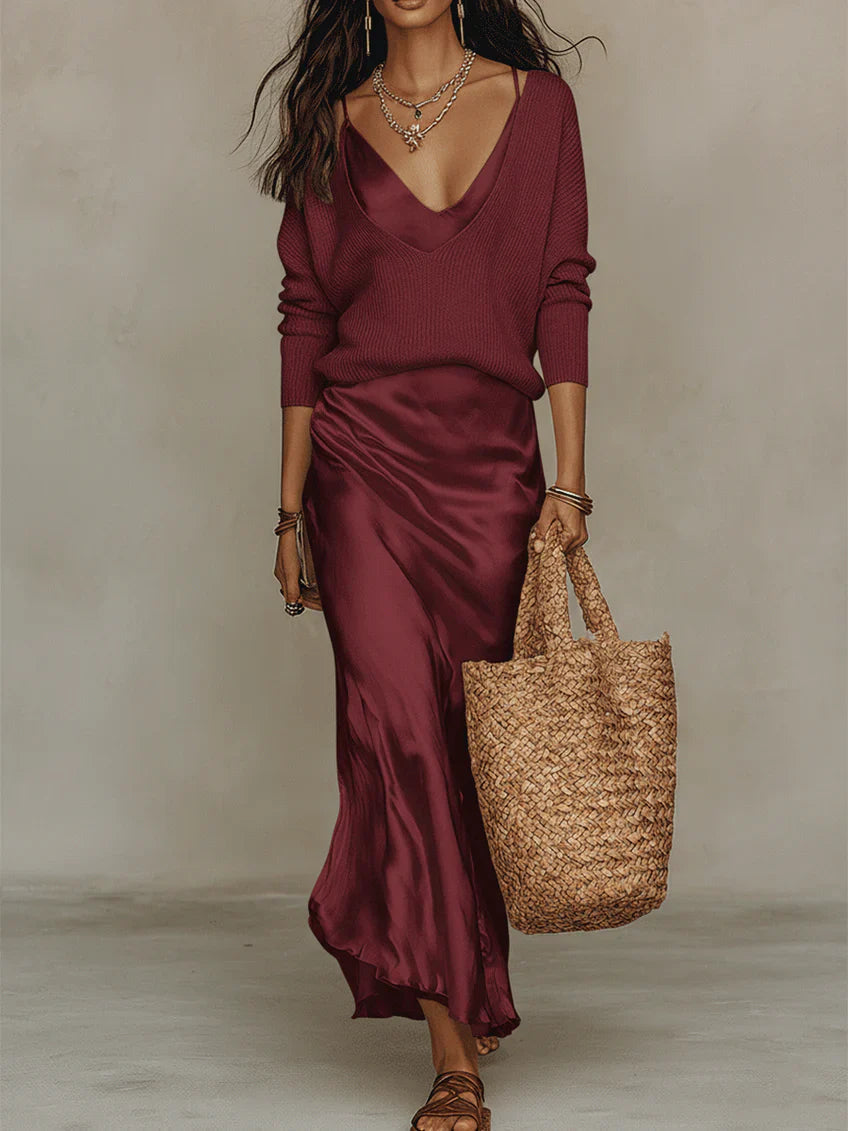 Bonnie | Satin Midi Set with Coordinating Knit
