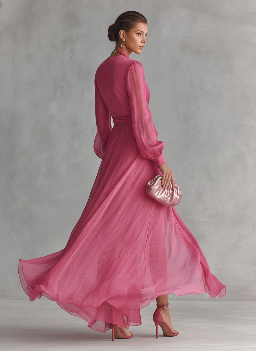 Rhea | Women's Chiffon V-Neck Tie Waist Maxi Dress