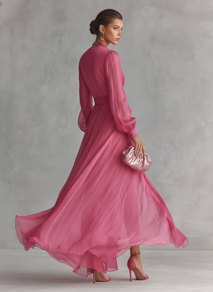 Rhea | Women's Chiffon V-Neck Tie Waist Maxi Dress
