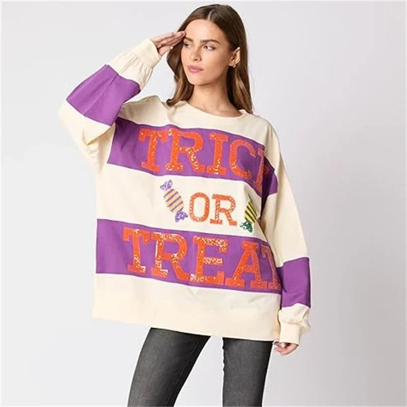 Spooky Sequined Letter Candy Halloween Pullover Hoodie | Cute Patchwork Fall Sweatshirt