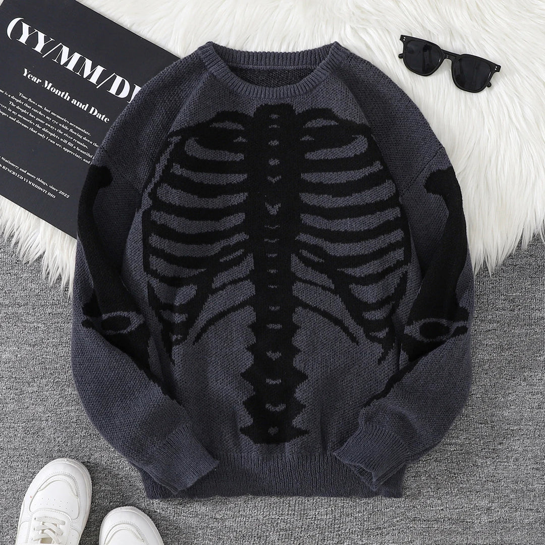Spooky Skeleton Jacquard Colorblock Halloween Men's Knit Sweater | Crewneck Fall Pullover