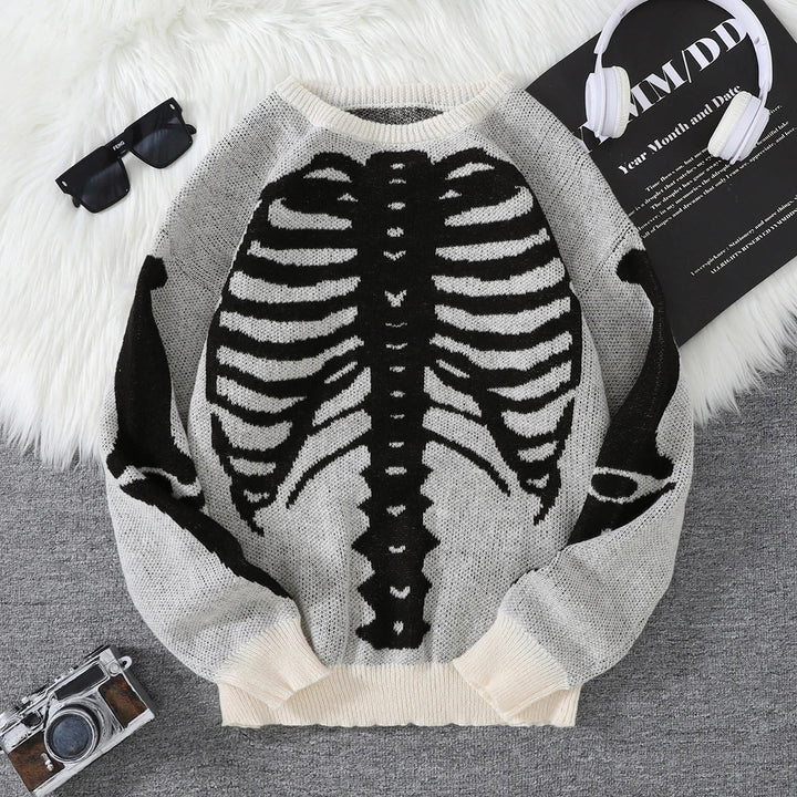 Spooky Skeleton Jacquard Colorblock Halloween Men's Knit Sweater | Crewneck Fall Pullover