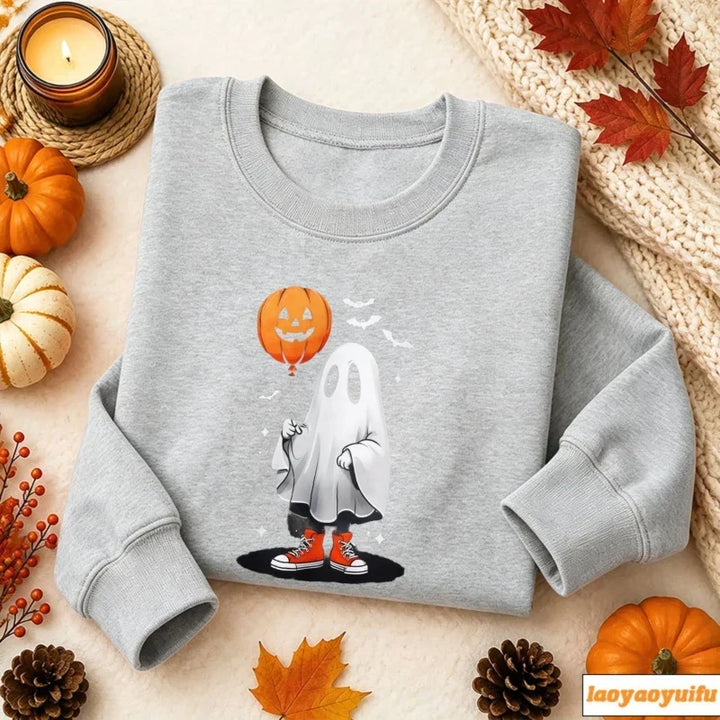 Ghost with Pumpkin Balloon Halloween Sweatshirt