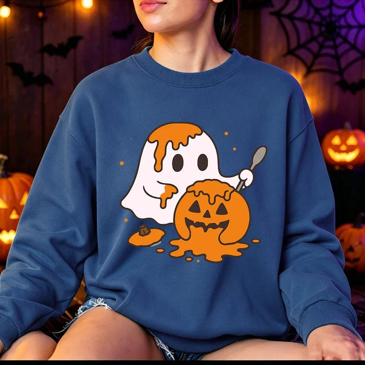 Women's Cute Ghost Print Fleece Halloween Sweatshirt