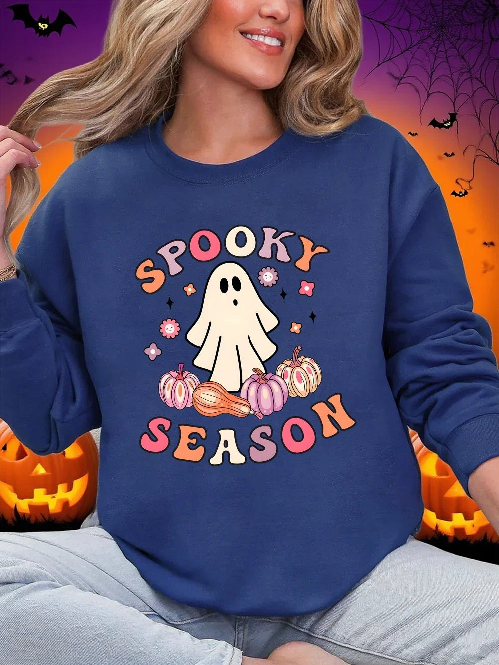 Spooky Season Ghost Print Fleece Halloween Sweatshirt