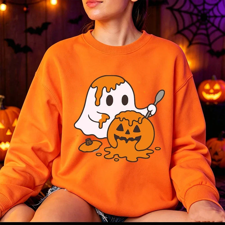 Women's Cute Ghost Print Fleece Halloween Sweatshirt