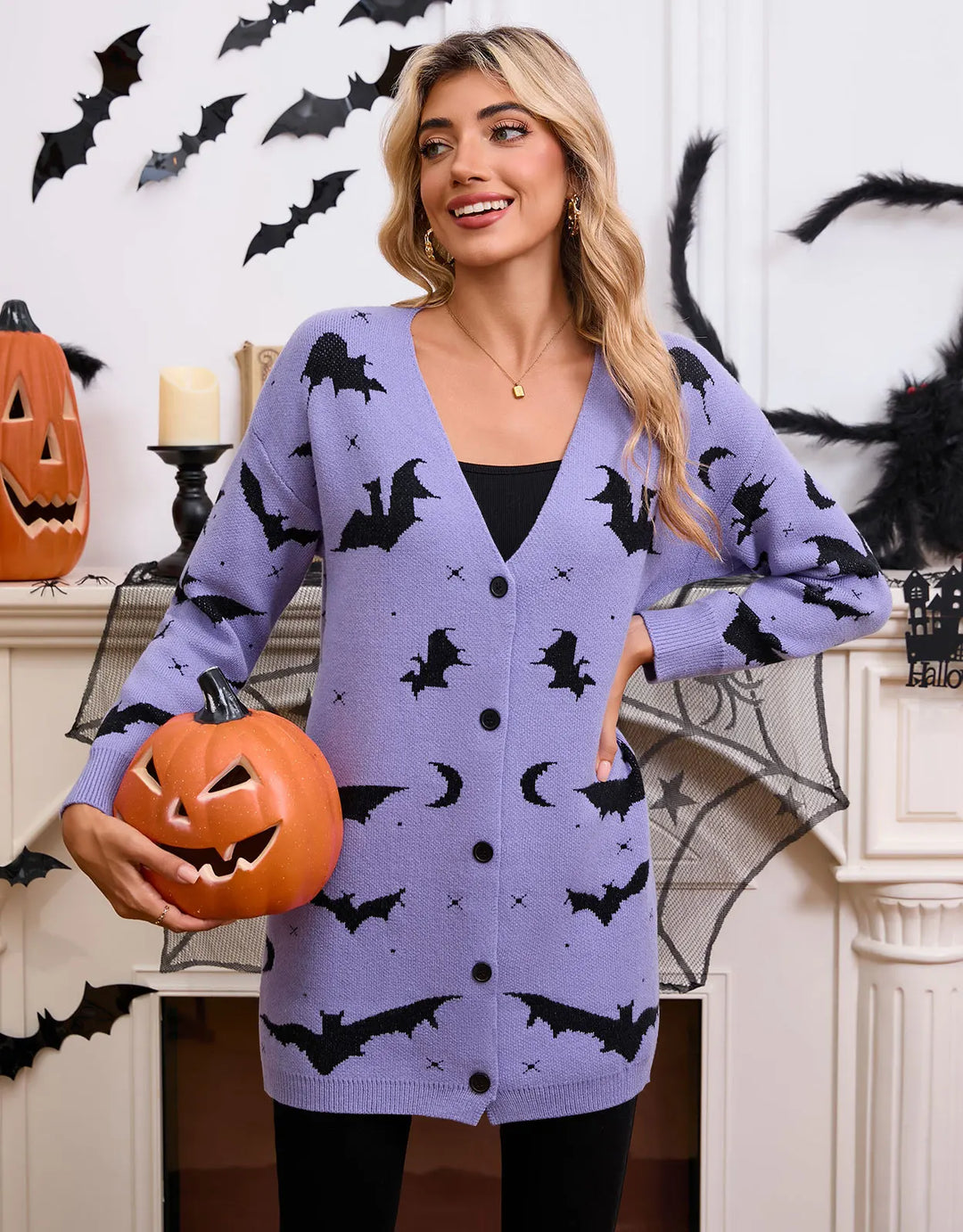 Spooky Bat Jacquard Open-Front Halloween Cardigan | Cute Oversized Fall Sweater