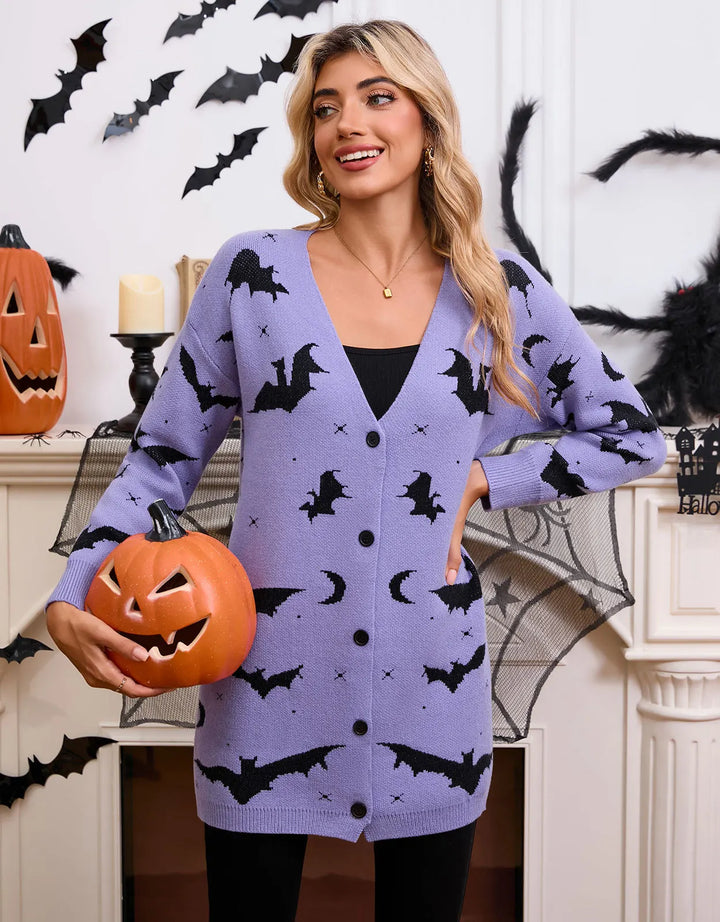 Spooky Bat Jacquard Open-Front Halloween Cardigan | Cute Oversized Fall Sweater