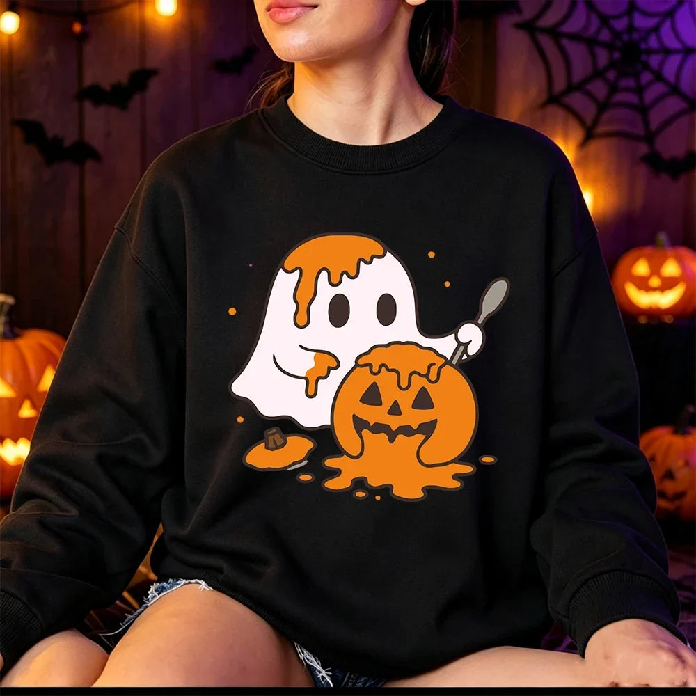 Women's Cute Ghost Print Fleece Halloween Sweatshirt