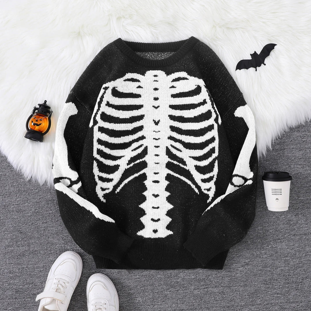 Spooky Skeleton Jacquard Colorblock Halloween Men's Knit Sweater | Crewneck Fall Pullover