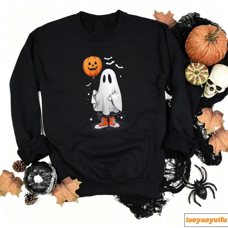 Ghost with Pumpkin Balloon Halloween Sweatshirt