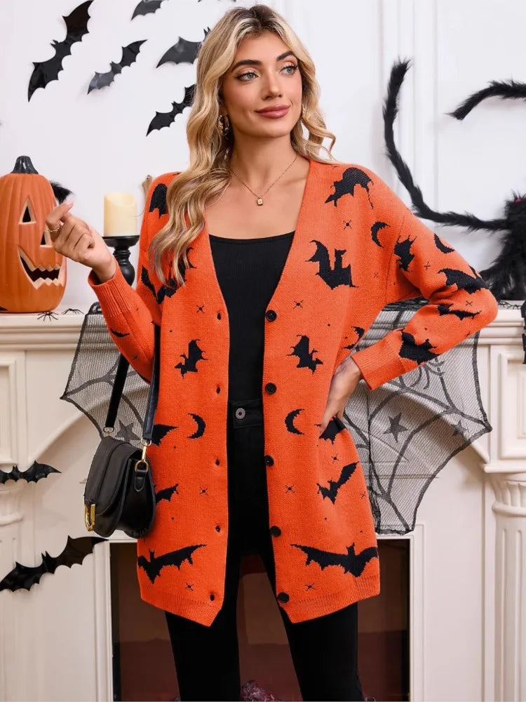Spooky Bat Jacquard Open-Front Halloween Cardigan | Cute Oversized Fall Sweater
