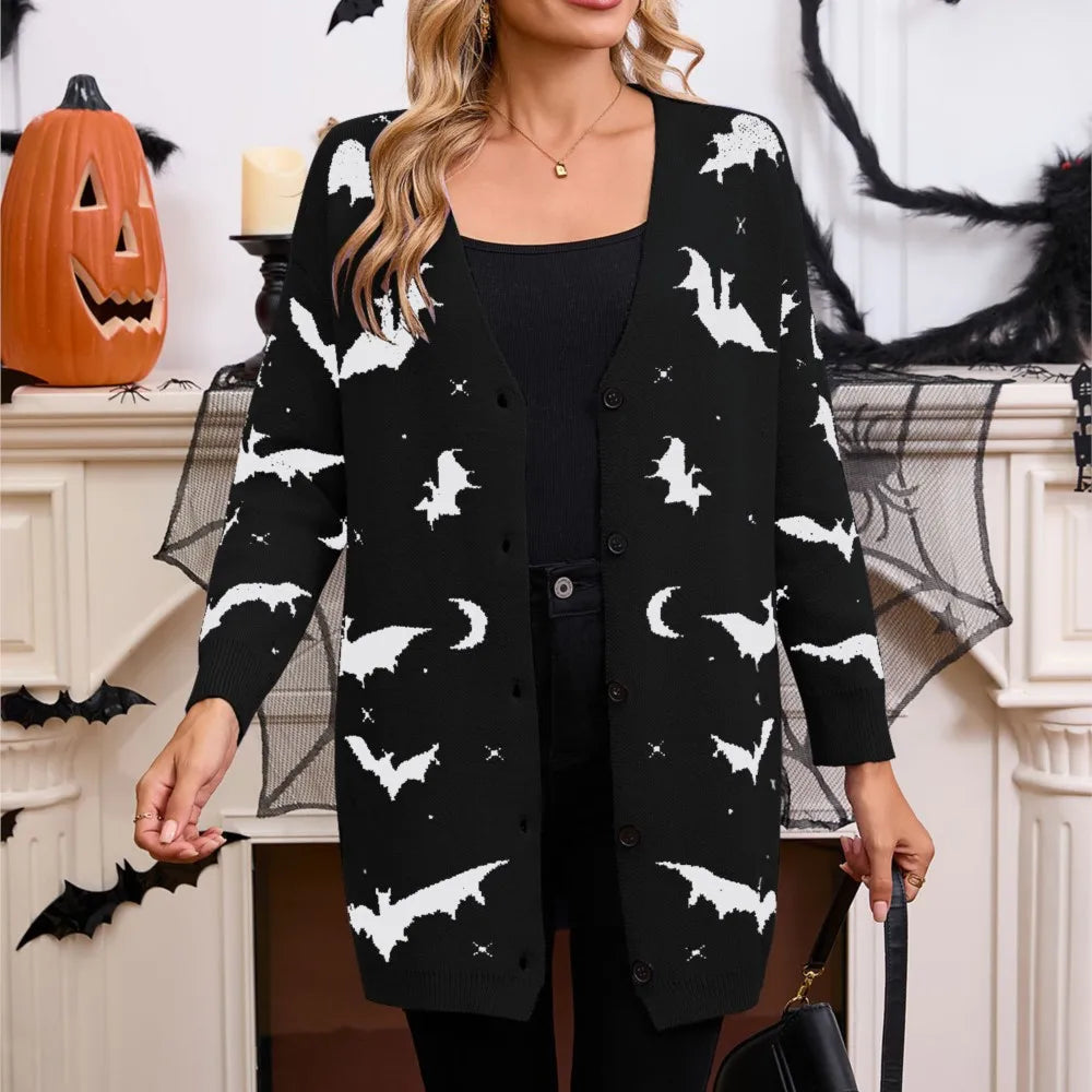 Spooky Bat Jacquard Open-Front Halloween Cardigan | Cute Oversized Fall Sweater