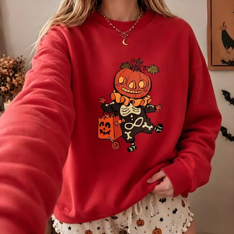 Spooky Pumpkin Head & Skeleton Clown Halloween Fleece Sweatshirt | Casual Trick-or-Treat Pullover
