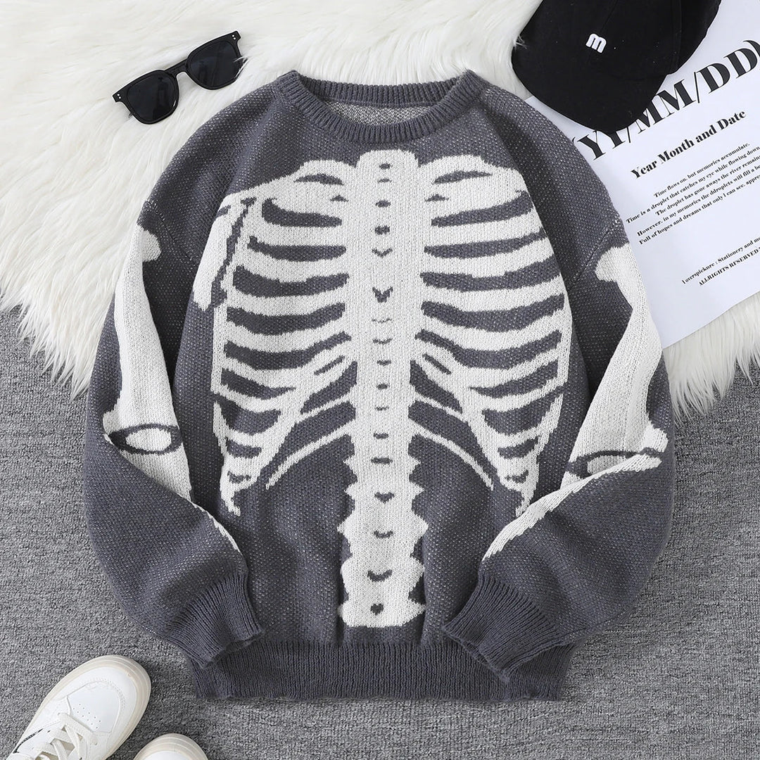 Spooky Skeleton Jacquard Colorblock Halloween Men's Knit Sweater | Crewneck Fall Pullover