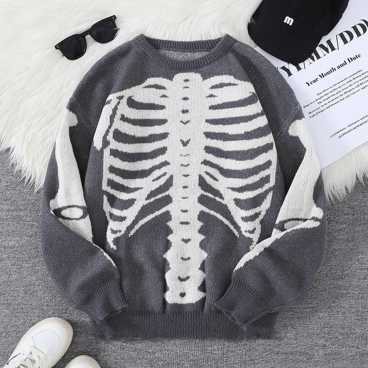Spooky Skeleton Jacquard Colorblock Halloween Men's Knit Sweater | Crewneck Fall Pullover