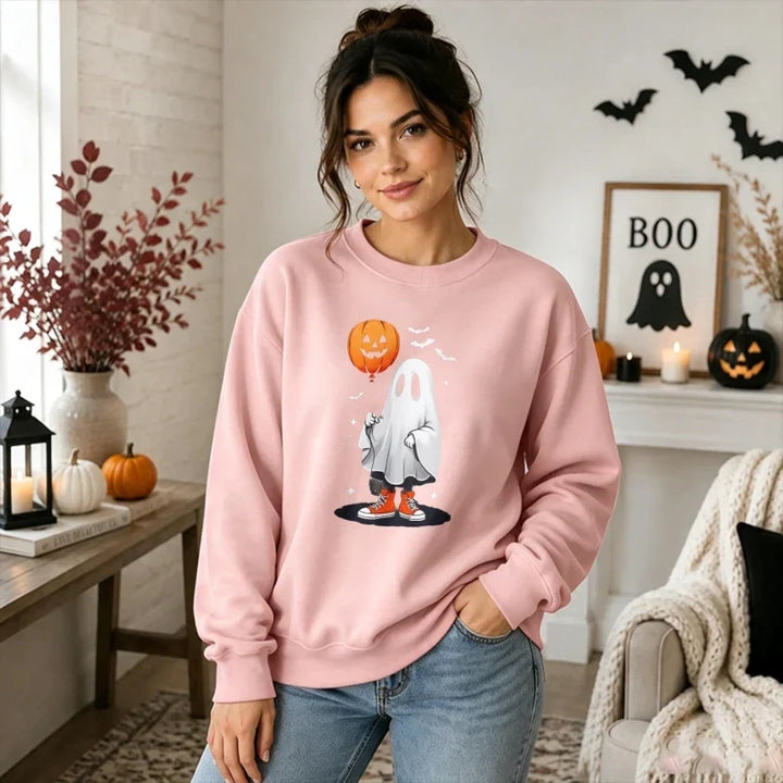 Ghost with Pumpkin Balloon Halloween Sweatshirt
