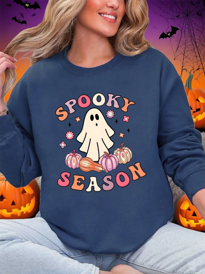 Spooky Season Ghost Print Fleece Halloween Sweatshirt
