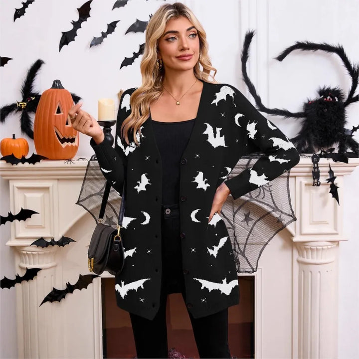 Spooky Bat Jacquard Open-Front Halloween Cardigan | Cute Oversized Fall Sweater