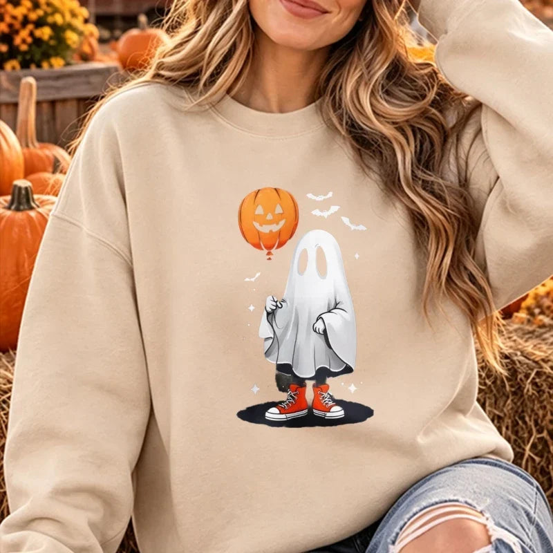 Ghost with Pumpkin Balloon Halloween Sweatshirt