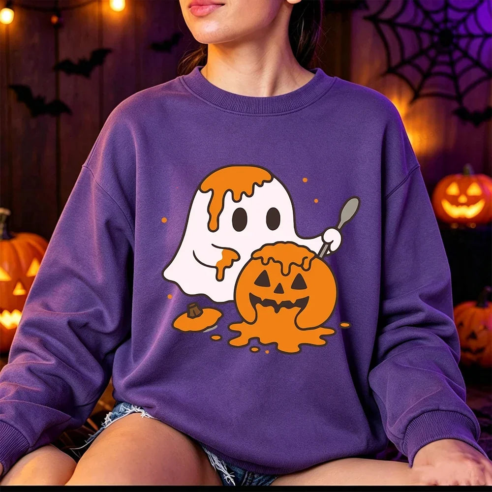 Women's Cute Ghost Print Fleece Halloween Sweatshirt