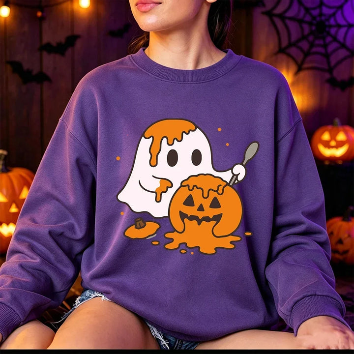Women's Cute Ghost Print Fleece Halloween Sweatshirt