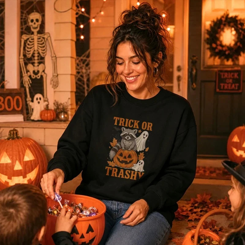 Spooky Raccoon Ghost Pumpkin Sweatshirt - Trick or Trashy Halloween Pullover