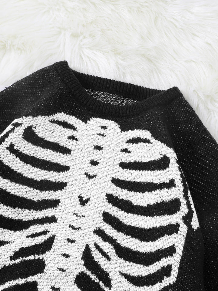 Spooky Skeleton Jacquard Colorblock Halloween Men's Knit Sweater | Crewneck Fall Pullover