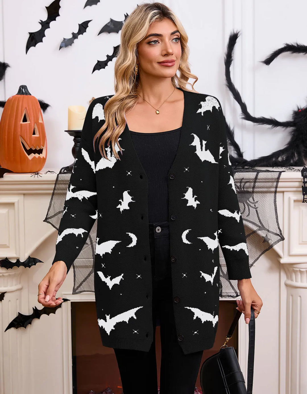 Spooky Bat Jacquard Open-Front Halloween Cardigan | Cute Oversized Fall Sweater
