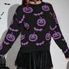Spooky Pumpkin and Bat Print Halloween Pullover - Graphic Fall & Costume Sweater for Women