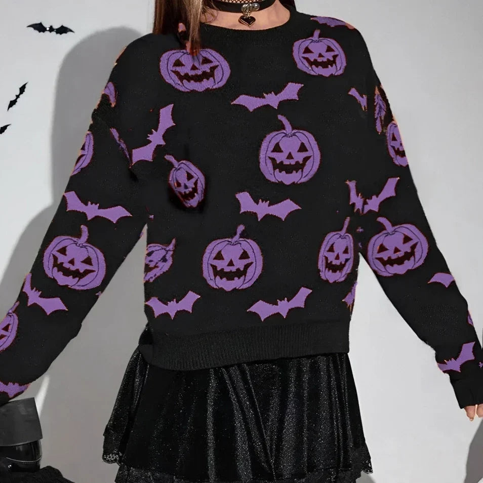 Spooky Pumpkin and Bat Print Halloween Pullover - Graphic Fall & Costume Sweater for Women
