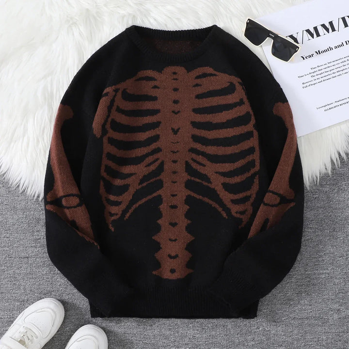 Spooky Skeleton Jacquard Colorblock Halloween Men's Knit Sweater | Crewneck Fall Pullover