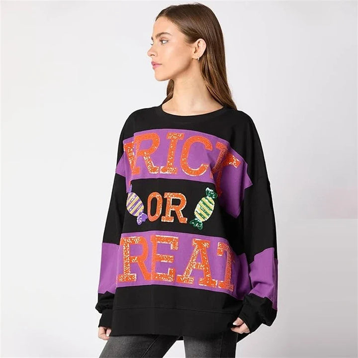 Spooky Sequined Letter Candy Halloween Pullover Hoodie | Cute Patchwork Fall Sweatshirt