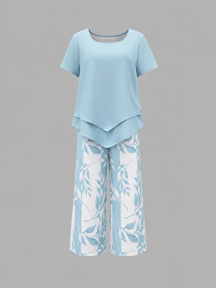 Women's Relaxed Two-Piece Set – Layered Top & Wide Leg Pants