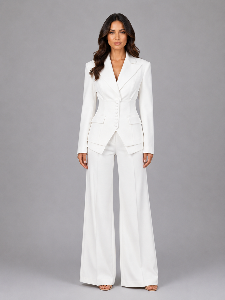 Women’s Tailored Two-Piece Suit – Cinched Waist & Wide-Leg Pants