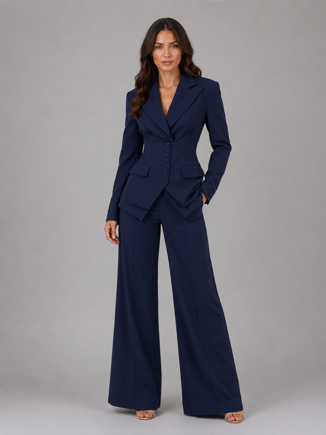 Women’s Tailored Two-Piece Suit – Cinched Waist & Wide-Leg Pants