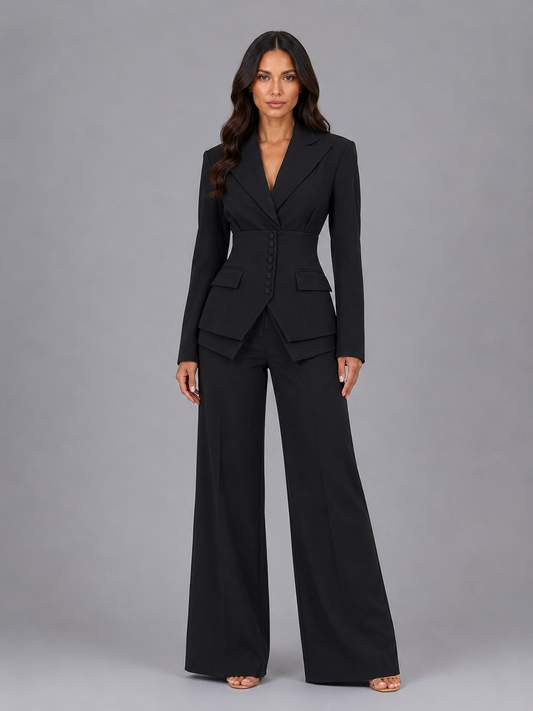 Women’s Tailored Two-Piece Suit – Cinched Waist & Wide-Leg Pants