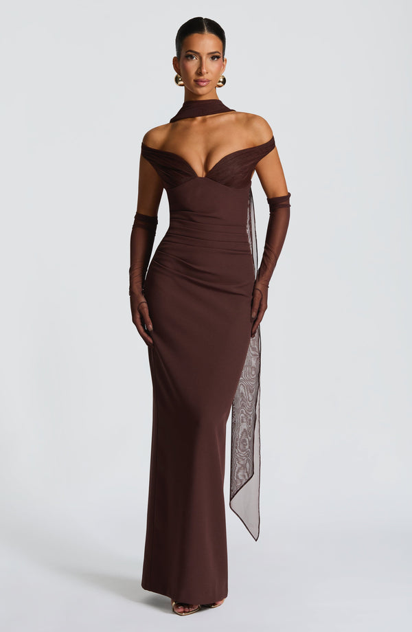 Clementine | Women's Elegant Crepe Bardot Maxi Dress