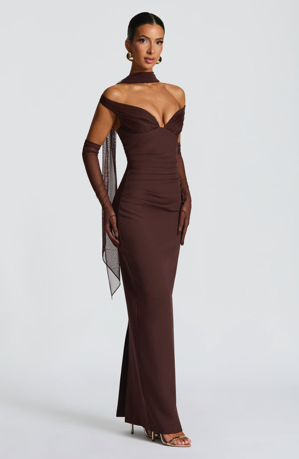 Clementine | Women's Elegant Crepe Bardot Maxi Dress