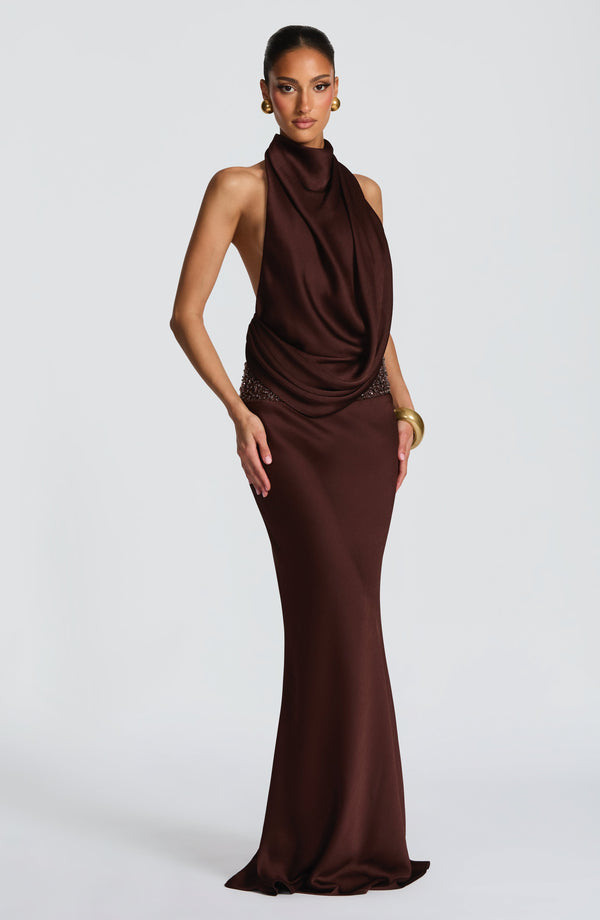 Kendra | Women's Satin Cowl Neck Maxi Dress